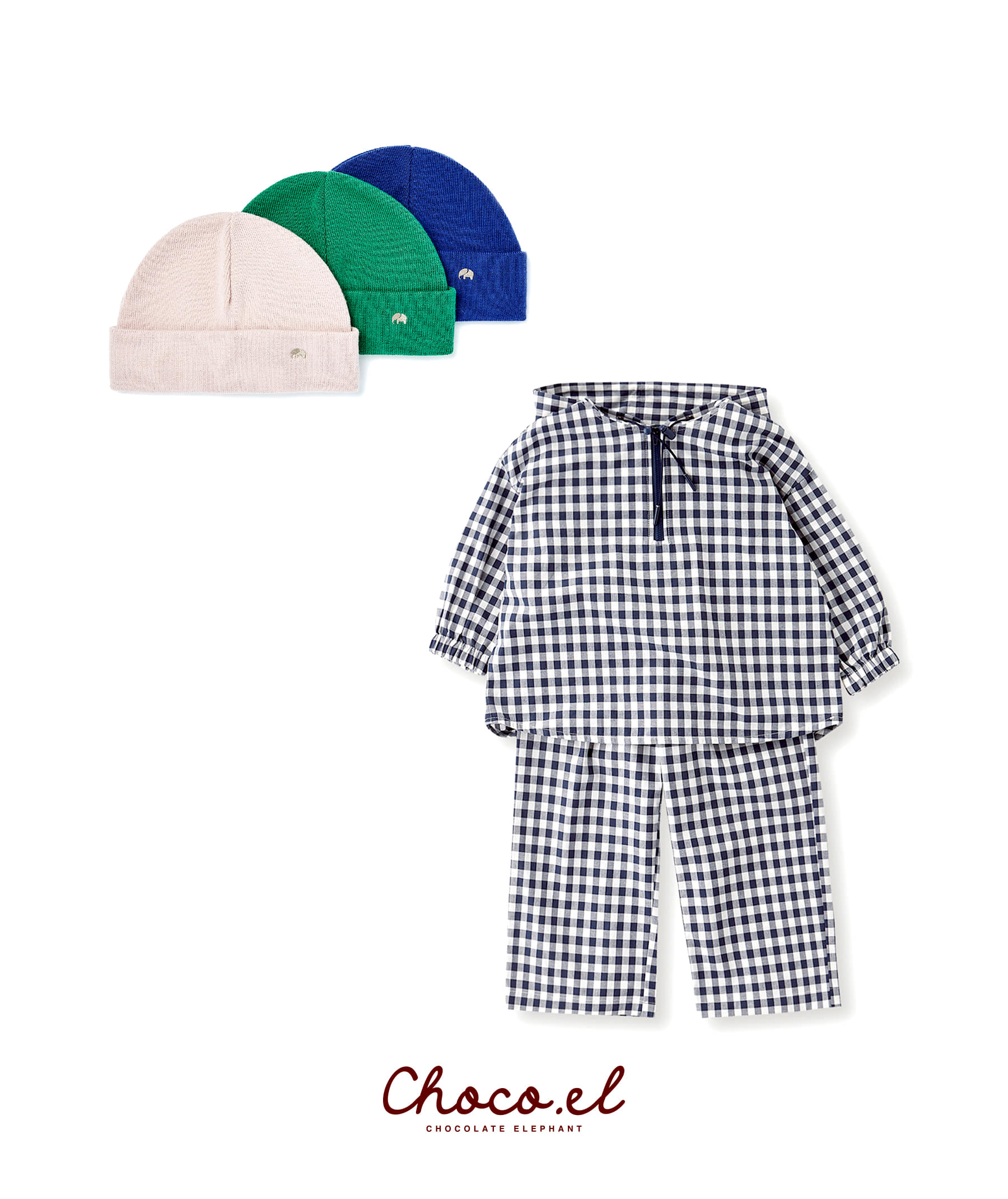 Cotton check top and bottom &amp; beanie set